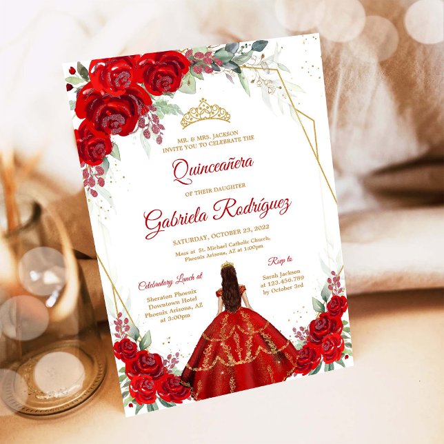 Convite Quinceanera Floral Red Gold Invitation (Criador carregado)