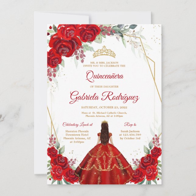 Convite Quinceanera Floral Red Gold Invitation (Frente)