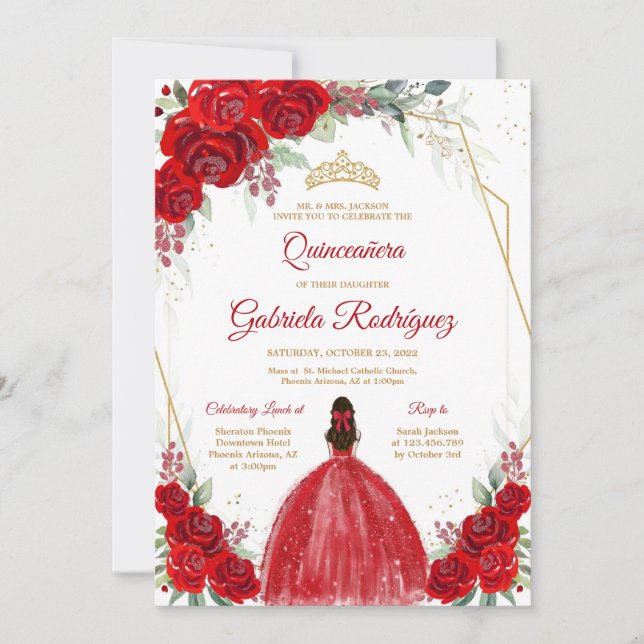 Convite Quinceanera Floral Red Rose Gold Invitation (Frente)