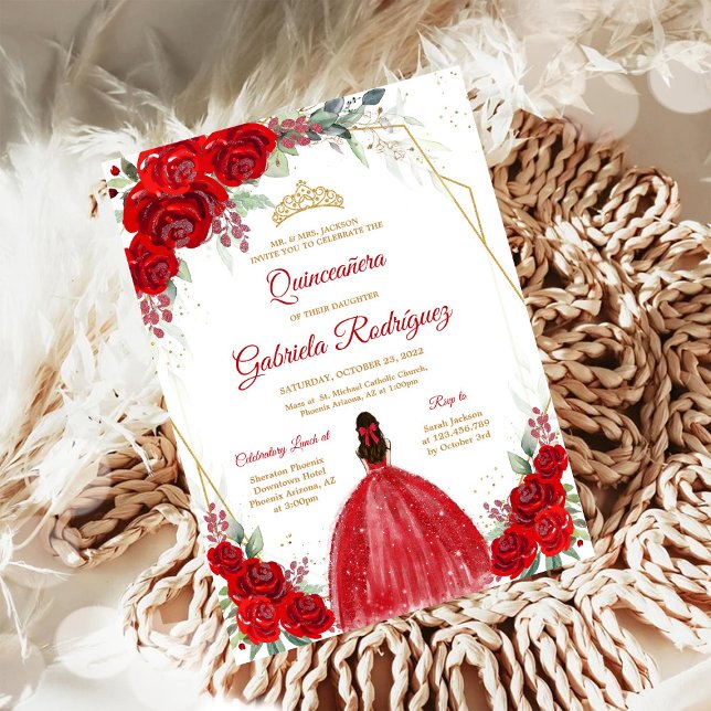Convite Quinceanera Floral Red Rose Gold Invitation (Criador carregado)