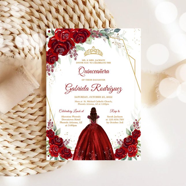 Convite Quinceanera Floral Red Rose Gold Invitation (Criador carregado)