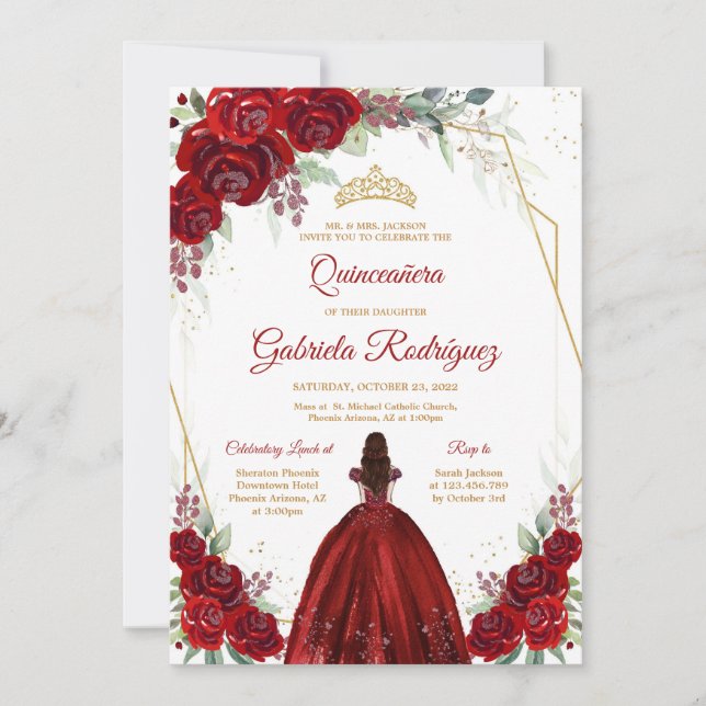 Convite Quinceanera Floral Red Rose Gold Invitation (Frente)