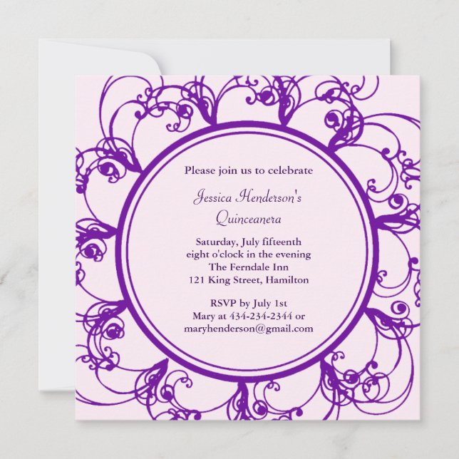 Convite Quinceanera Floral rico Invite (roxo) (Frente)