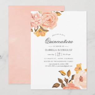 Convite Quinceañera Floral Rosa Bege e Dourado em Aquarela
