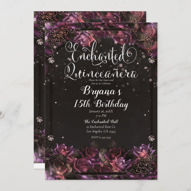 Convite Quinceañera Floral Rosa Berry Encantado (Frente/Verso)