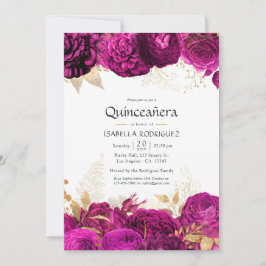 Convite Quinceañera Floral Rosa Choque e Dourado