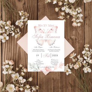 Convite Quinceañera Floral Rosa com Borboletas