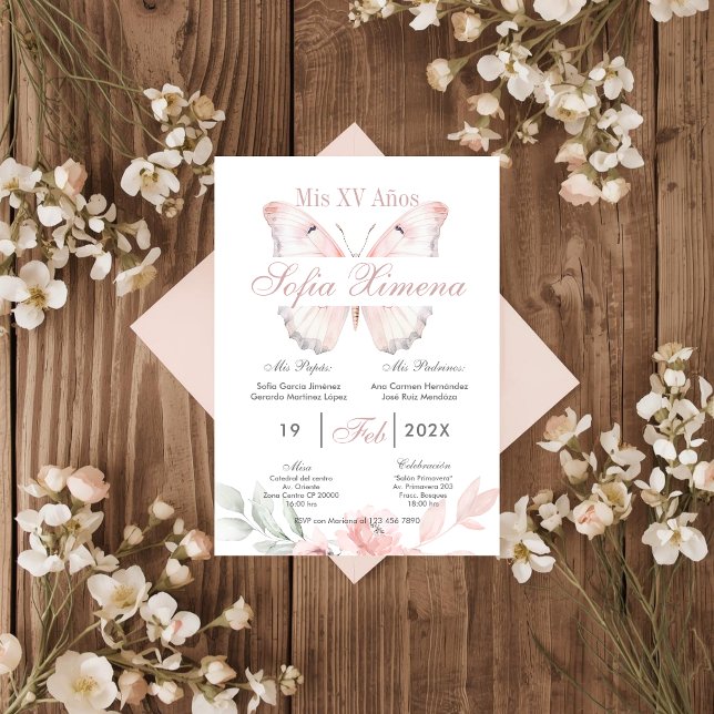 Convite Quinceañera Floral Rosa com Borboletas (Criador carregado)