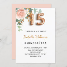 Quinceanera floral rosa de ouro eucalipto elegante