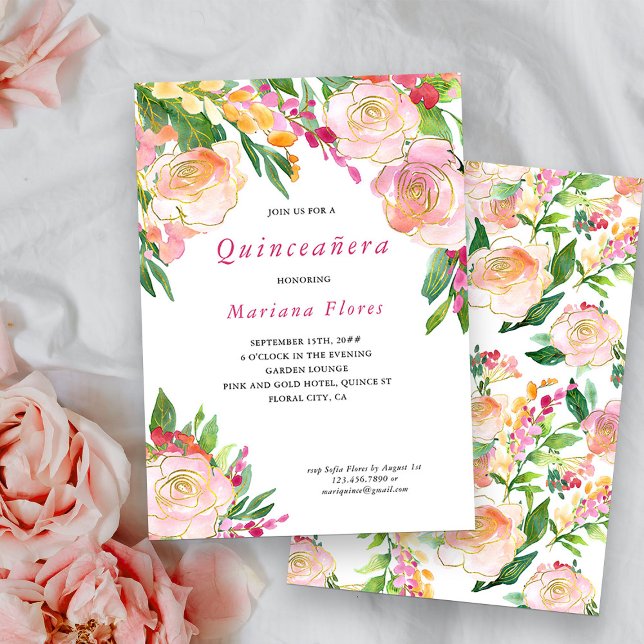 Convite Quinceanera Floral, Rosa e Dourada, (Quinceanera Invitation from my Floral Chic Quinceanera Collection)
