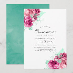 Convite Quinceañera Floral Rosa e Hortelã