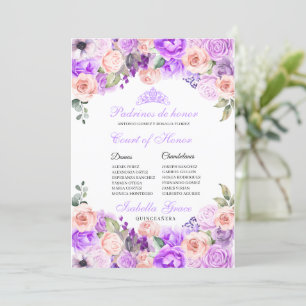 Convite Quinceanera Floral Rosa e Púrpura Tribunal de Hon