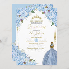 Convite Quinceanera Floral Rosa Elegante Azul Claro