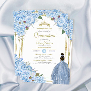 Convite Quinceanera Floral Rosa Elegante Azul Claro