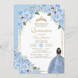 Convite Quinceanera Floral Rosa Elegante Azul Claro