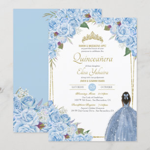 Convite Quinceanera Floral Rosa Elegante Azul Claro