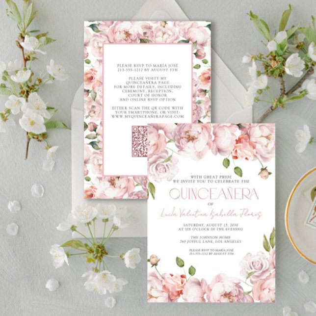 Convite Quinceanera Floral Rosa Elegante QR (Criador carregado)