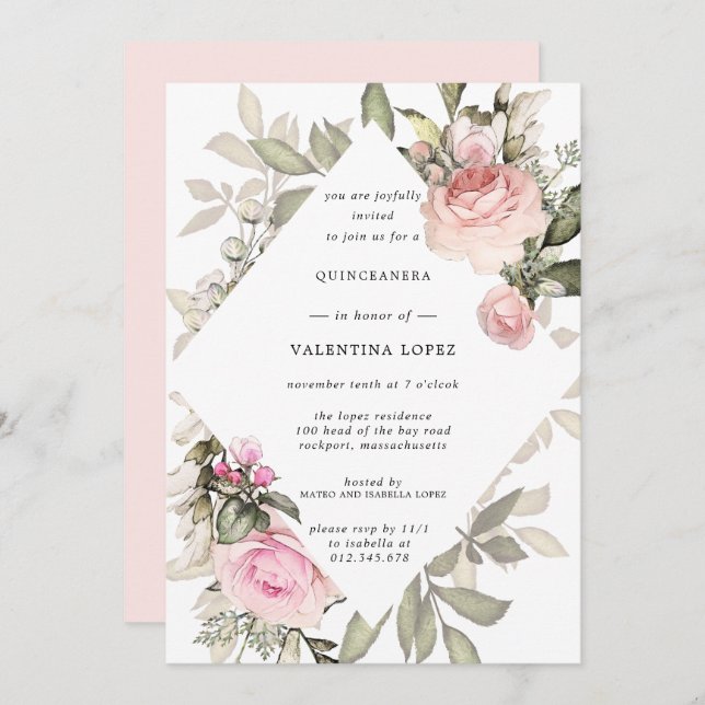Convite Quinceanera Floral Rosa Esmagadora (Frente/Verso)