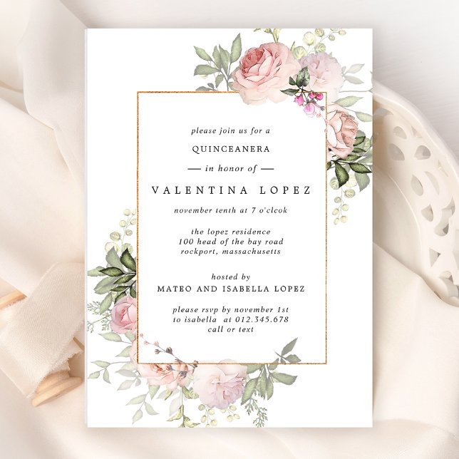 Convite Quinceanera Floral Rosa Esmagadora (Criador carregado)