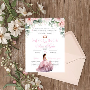 Convite Quinceanera Floral Rosa Espanhol