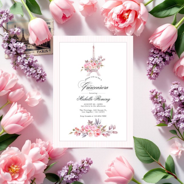 Convite Quinceañera Floral Rosa Parisiense (Parisian Pink Floral Quinceañera Photo Invitation)