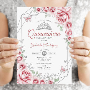 Convite Quinceanera Floral Rosa Prata