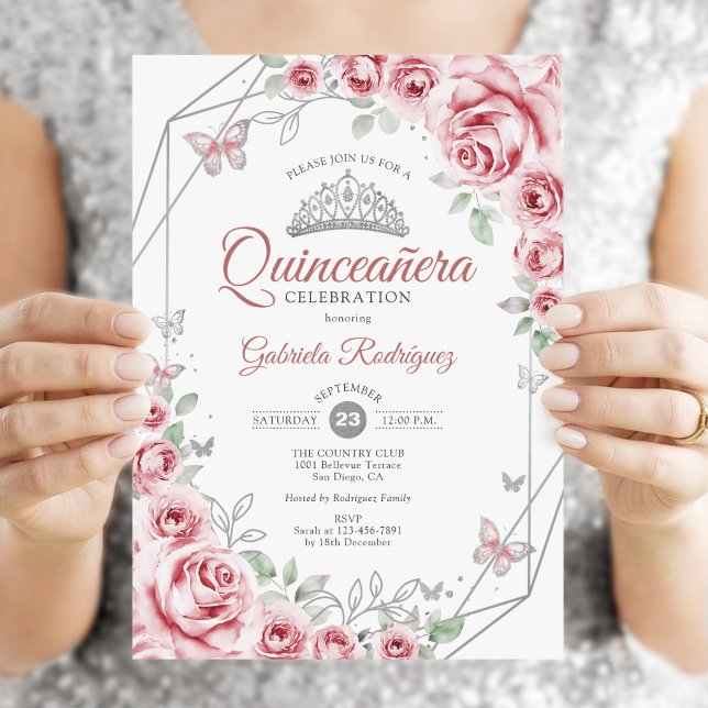 Convite Quinceanera Floral Rosa Prata (Criador carregado)