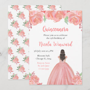 Convite Quinceanera Floral Rosa, Princesa do Cabelo Castan