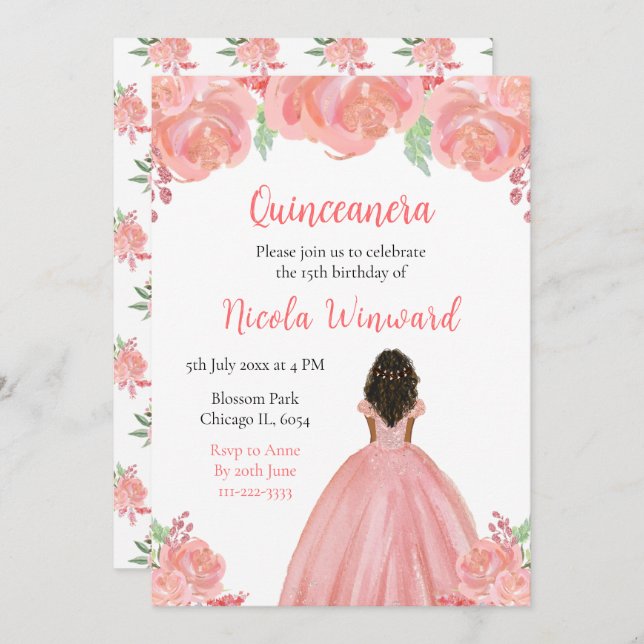 Convite Quinceanera Floral Rosa, Princesa Escura (Frente/Verso)