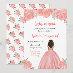 Convite Quinceanera Floral Rosa, Princesa Escura