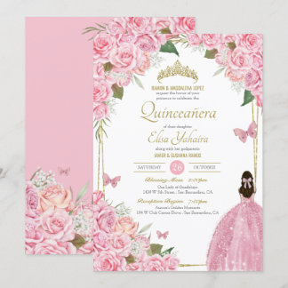 Convite Quinceanera Floral Rosa Quince Gown Butterfly