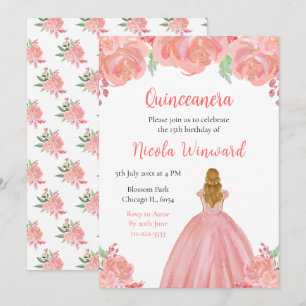 Convite Quinceânera Floral Rosa-Rosa, Princesa-Cabelo Lour
