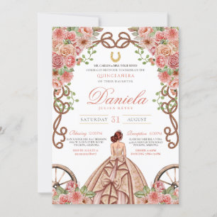 Convite Quinceanera Floral Rosa-Rosa rosa Dourada