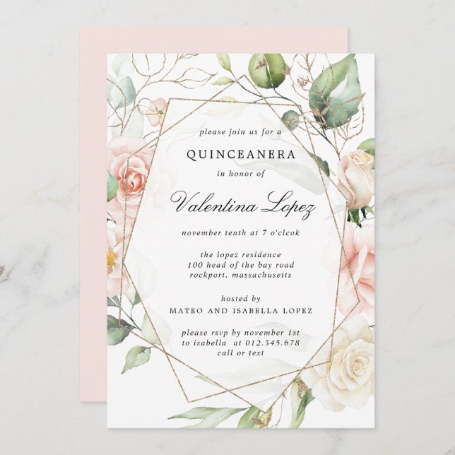 Convite Quinceanera Floral Rosa Rosa Rosa Elegante (Frente/Verso)