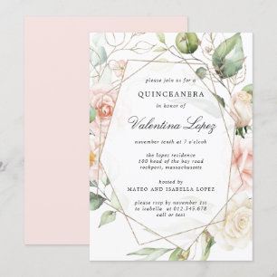 Convite Quinceanera Floral Rosa Rosa Rosa Elegante