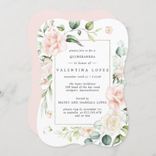 Convite Quinceanera Floral Rosa Rosa Rosa Elegante