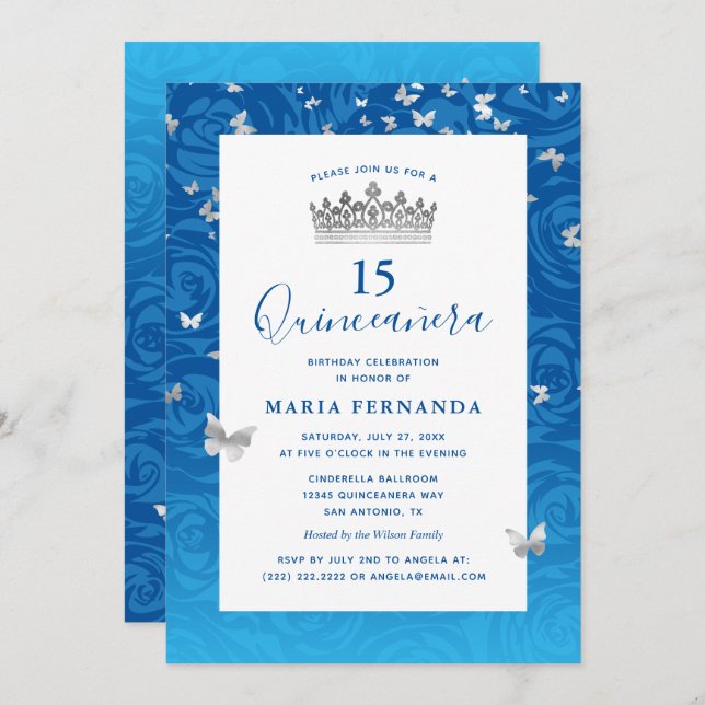 Convite Quinceanera Floral Rosa Silver Coroa Azul Elegante (Frente/Verso)
