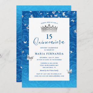 Convite Quinceanera Floral Rosa Silver Coroa Azul Elegante
