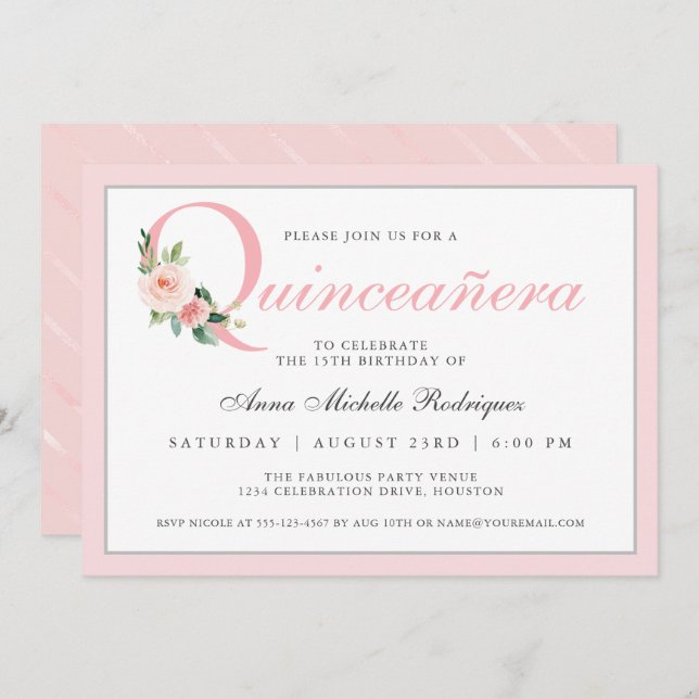 Convite Quinceanera Floral Rosa Simples, Aniversário (Frente/Verso)