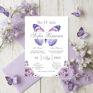 Convite Quinceañera Floral Roxa com Borboletas