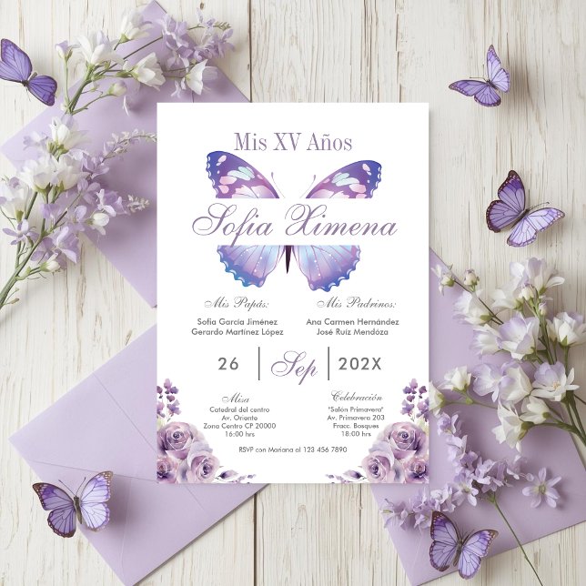 Convite Quinceañera Floral Roxa com Borboletas (Criador carregado)