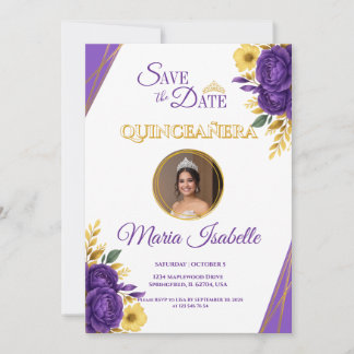 Convite Quinceañera Floral Roxa e Dourada Guarde a Data