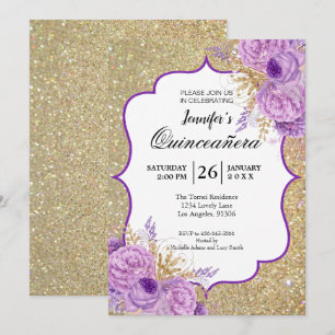 Convite Quinceanera Floral Roxo Brilhante