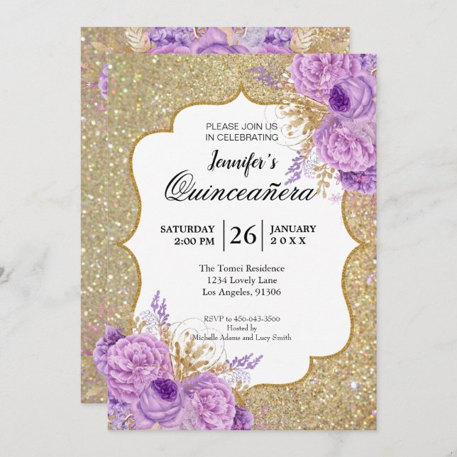 Convite Quinceanera Floral Roxo Brilhante (Frente/Verso)