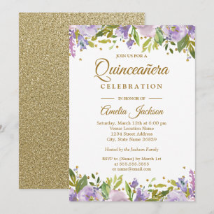 Convite Quinceanera Floral Roxo Brilho Dourado