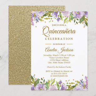 Convite Quinceanera Floral Roxo Brilho Dourado