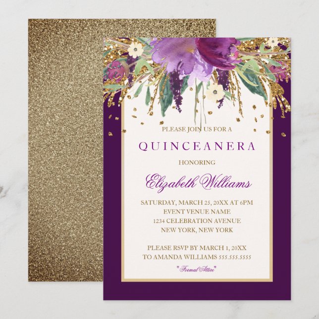 Convite Quinceanera Floral Roxo de Ámbar (Frente/Verso)