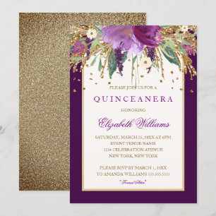 Convite Quinceanera Floral Roxo de Ámbar