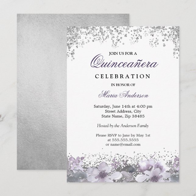 Convite Quinceanera Floral Roxo De Silver Glitter (Frente/Verso)