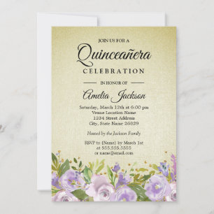 Convite Quinceanera Floral Roxo Dourado Brilhante